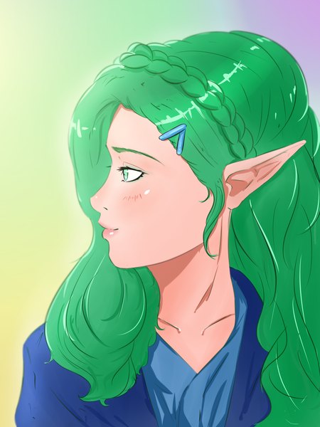 Anime picture 1536x2048 with original incarnatechaos13 single long hair tall image green eyes payot looking away braid (braids) profile green hair lips gradient background elf crown braid girl bobby pin