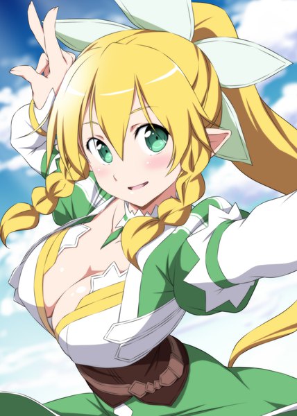 Anime picture 1488x2088 with sword art online a-1 pictures leafa nori tamago single long hair tall image blush breasts light erotic blonde hair smile large breasts green eyes sky cleavage cloud (clouds) ponytail braid (braids) from above