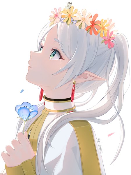 Anime picture 1536x2048 with sousou no frieren frieren risdandr single long hair tall image simple background white background twintails green eyes silver hair upper body profile pointy ears tears looking up elf girl flower (flowers) earrings