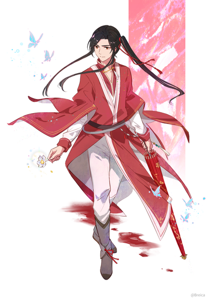 Anime picture 790x1135 with tianguan cifu hua cheng san lang breica single long hair tall image black hair red eyes full body traditional clothes side ponytail chinese clothes closed umbrella boy flower (flowers) ribbon (ribbons) hair ribbon insect butterfly