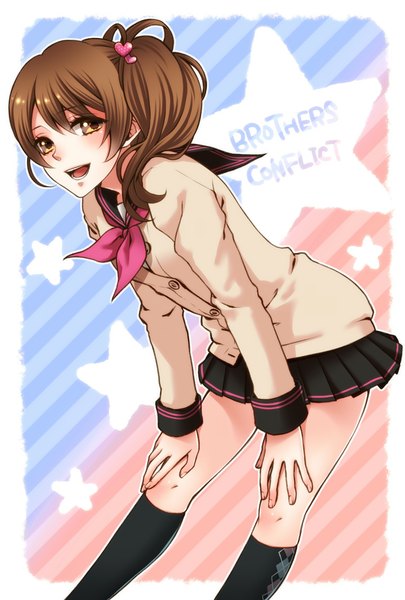 Anime picture 768x1136 with brothers conflict idea factory ema (brothers conflict) rio (rio 01) single long hair tall image looking at viewer blush fringe open mouth brown hair brown eyes :d copyright name side ponytail border outside border striped background girl