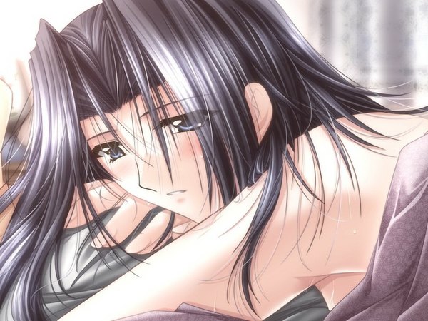 Anime picture 1024x768 with kaze no keishousha (game) tagme (character) long hair blush fringe blue eyes black hair hair between eyes bare shoulders looking away game cg indoors parted lips fingernails hand on chest solo focus head out of frame under covers girl boy