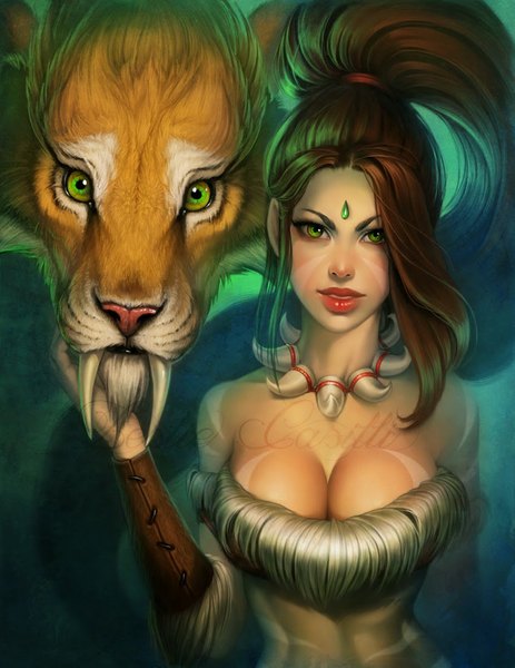Anime picture 850x1100 with league of legends nidalee (league of legends) enchantress-lele single long hair tall image looking at viewer breasts light erotic brown hair large breasts green eyes lips teeth fang (fangs) girl animal tiger