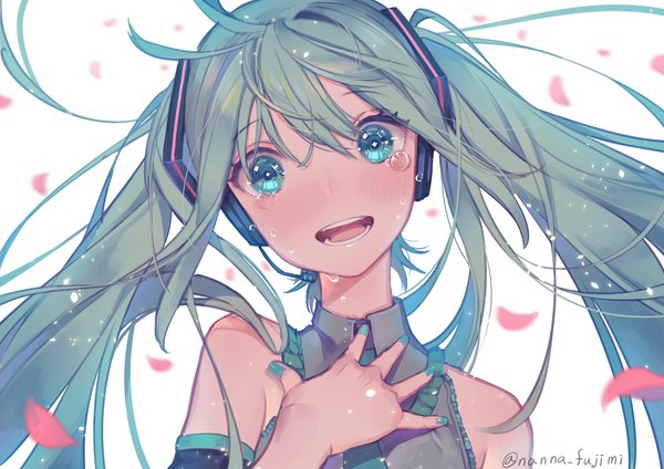 Anime picture 2046x1447 with vocaloid hatsune miku 778-go single long hair looking at viewer blush fringe highres open mouth hair between eyes twintails signed upper body nail polish aqua eyes aqua hair twitter username tears hand on chest