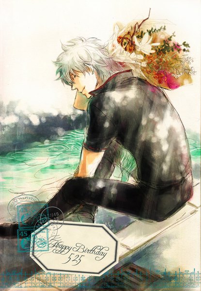 Anime picture 692x1000 with gintama sunrise (studio) sakata gintoki acaco single tall image looking at viewer short hair simple background sitting brown eyes white hair light smile inscription boy flower (flowers) boots bouquet postcard
