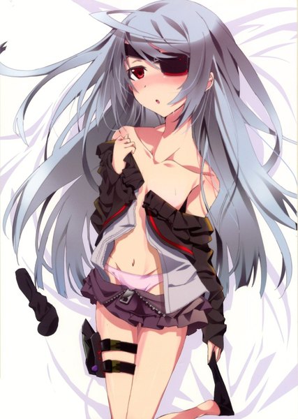 Anime picture 1067x1500 with infinite stratos 8bit laura bodewig okiura single long hair tall image looking at viewer blush breasts open mouth light erotic red eyes bare shoulders lying grey hair scan no bra flat chest undressing
