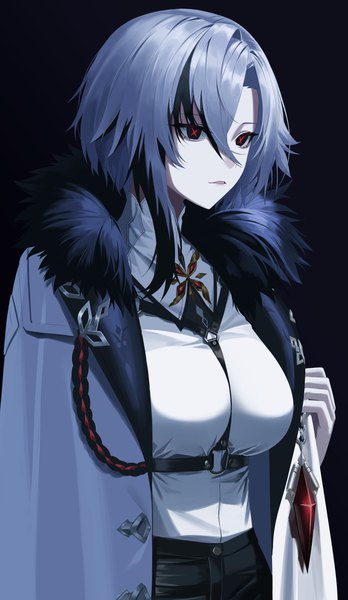 Anime picture 2937x5057 with genshin impact arlecchino (genshin impact) re-leaf single tall image fringe highres short hair simple background hair between eyes looking away silver hair upper body black eyes fur trim black background symbol-shaped pupils between breasts underbust girl