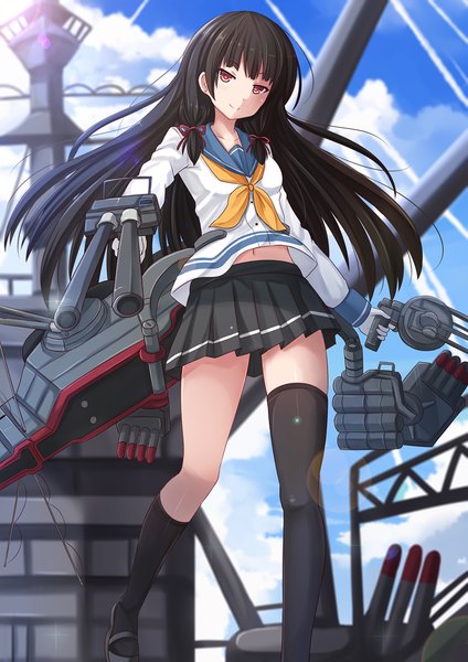 Anime picture 945x1337 with kantai collection isokaze destroyer isokaze (kantai collection) kazenokaze single long hair tall image looking at viewer black hair smile red eyes pleated skirt tress ribbon smirk girl thighhighs skirt gloves ribbon (ribbons) weapon