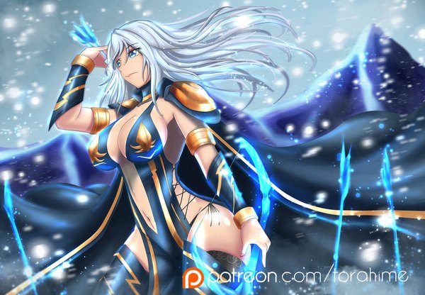 Anime picture 1024x711 with league of legends ashe (league of legends) torahime (roland00) single long hair fringe breasts blue eyes light erotic large breasts silver hair wind blurry open clothes snowing winter girl navel cape arrow (arrows)