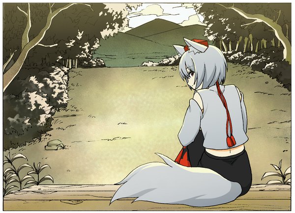 Anime picture 1652x1196 with touhou inubashiri momiji pink x single looking at viewer short hair smile red eyes sitting animal ears outdoors tail long sleeves animal tail profile looking back grey hair border mountain wolf ears