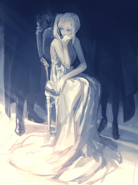 Anime picture 672x900 with fire emblem fire emblem: three houses nintendo edelgard von hresvelg l0gman long hair tall image sitting purple eyes payot looking away silver hair full body sleeveless side ponytail solo focus head out of frame ambiguous gender girl dress