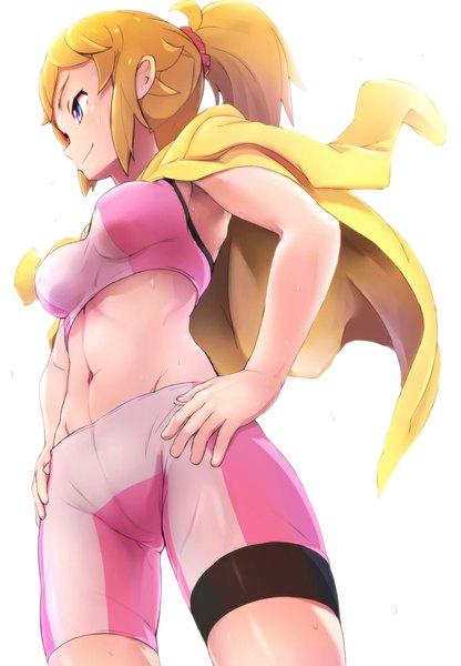 Anime picture 800x1152 with mobile suit gundam gundam build fighters sunrise (studio) hoshino fumina nanjin single long hair tall image fringe breasts blue eyes light erotic simple background blonde hair smile standing white background bare shoulders looking away ponytail