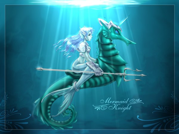 Anime picture 1600x1200 with original fiery-rus single sunlight underwater third-party edit sad extended girl weapon sea armor mermaid trident sea horse