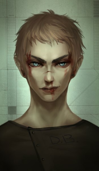 Anime picture 568x975 with original nursanur single tall image looking at viewer short hair blue eyes blonde hair smile scar blood stains boy blood
