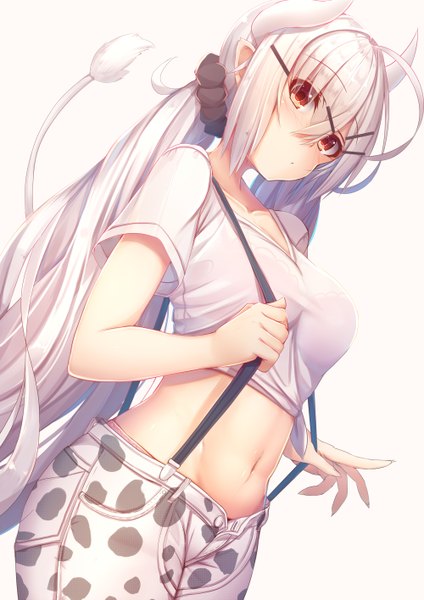 Anime picture 2000x2829 with original if (asita) single long hair tall image looking at viewer blush fringe highres breasts light erotic simple background hair between eyes red eyes large breasts white background twintails silver hair tail animal tail