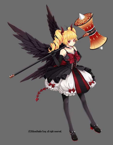 Anime picture 780x1000 with original millgua single long hair tall image looking at viewer simple background blonde hair red eyes grey background drill hair girl dress gloves weapon wings black gloves