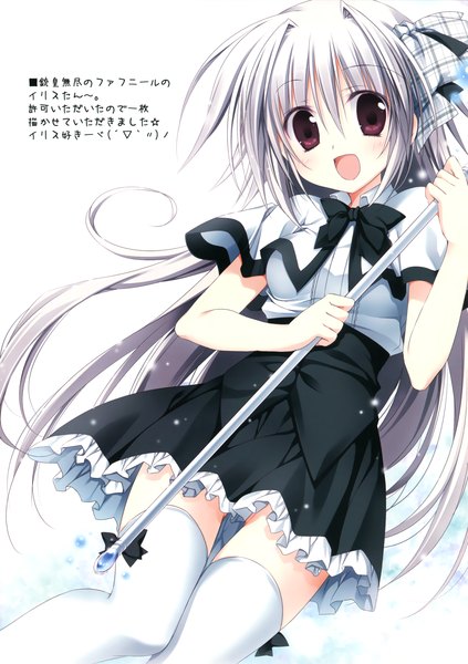 Anime picture 2254x3200 with juuoumujin no fafnir iris freyja korie riko single long hair tall image looking at viewer blush highres open mouth red eyes white hair scan girl thighhighs dress bow hair bow white thighhighs
