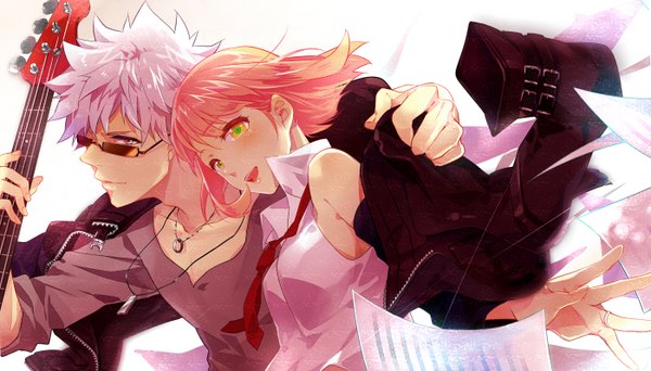 Anime picture 1400x800 with uta no prince-sama a-1 pictures nanami haruka (uta no prince-sama) kurosaki ranmaru karuha looking at viewer short hair open mouth blue eyes simple background smile wide image white background yellow eyes pink hair silver hair white hair light smile wind grey hair