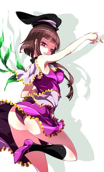 Anime picture 1580x2600 with touhou nishida satono raptor7 single tall image looking at viewer fringe short hair light erotic simple background brown hair standing white background purple eyes payot ass blunt bangs looking back shadow outstretched arm