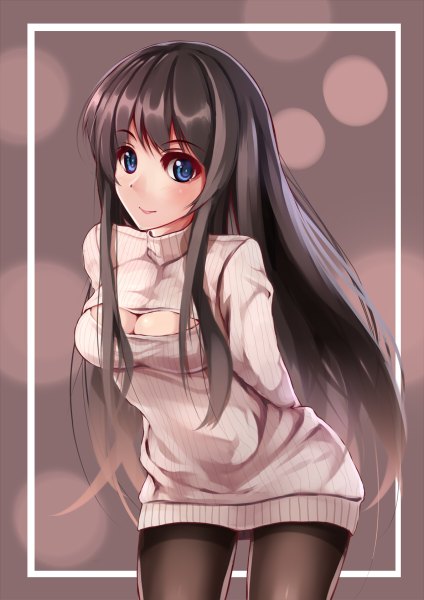 Anime picture 848x1200 with original yumemi (kiowa) single long hair tall image looking at viewer fringe blue eyes smile brown hair standing leaning leaning forward hands behind back girl pantyhose turtleneck open-chest turtleneck