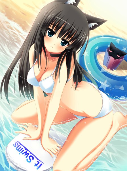 Anime picture 1500x2005 with original usagi nezumi single long hair tall image blush blue eyes light erotic black hair animal ears cat ears girl swimsuit bikini white bikini