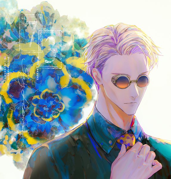 Anime picture 915x956 with jujutsu kaisen mappa nanami kento say hana single tall image short hair signed silver hair upper body floral background adjusting necktie boy shirt necktie sunglasses