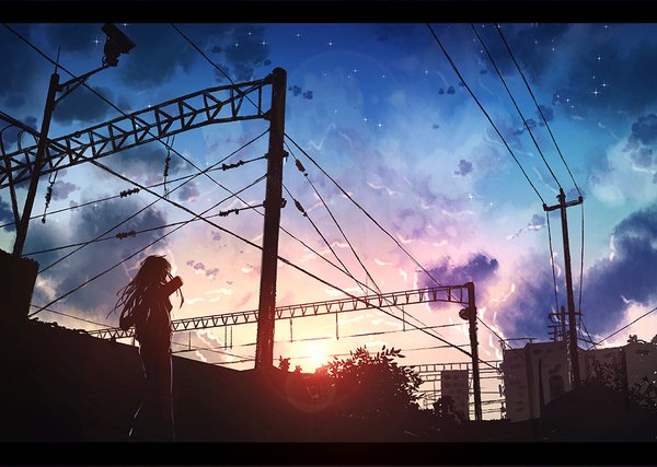 Anime picture 983x700 with original byakuya reki single long hair cloud (clouds) outdoors sunlight lens flare evening sunset letterboxed walking revision silhouette messy hair girl building (buildings) star (stars) sun power lines