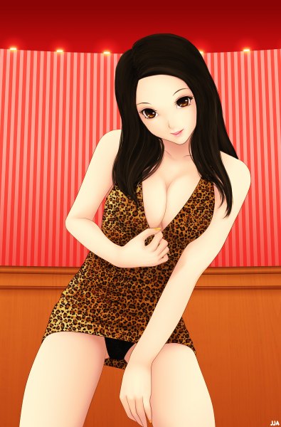 Anime picture 790x1200 with original khalitzburg single long hair tall image blush breasts open mouth light erotic black hair smile large breasts bare shoulders brown eyes cleavage lips girl dress underwear panties