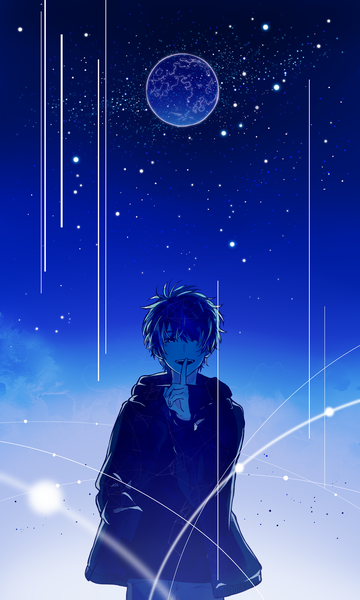 Anime picture 1200x2000 with nico nico singer kashitaro ito mikkun 04 single tall image looking at viewer fringe short hair open mouth blue eyes smile standing blue hair :d hair over one eye open jacket finger to mouth blue background hand in pocket boy