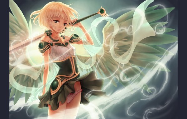 Anime picture 1000x636 with magic knight rayearth clamp hououji fuu single looking at viewer short hair blonde hair standing holding green eyes wind dark skin light smoke skirt lift angel wings framed girl skirt underwear