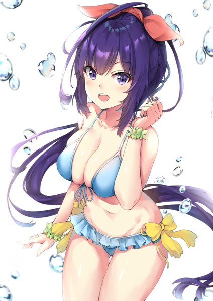 Anime picture 1240x1753 with warship girls r shinano (warship girls r) zhudacaimiao single tall image fringe breasts open mouth light erotic hair between eyes large breasts standing white background purple eyes bare shoulders payot purple hair ponytail very long hair :d