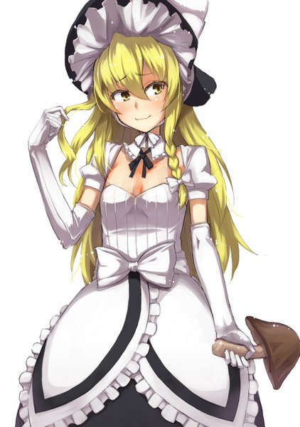 Anime picture 995x1415 with touhou kirisame marisa usotsuki penta single long hair tall image blush light erotic blonde hair simple background smile white background yellow eyes looking away braid (braids) single braid girl dress gloves bow