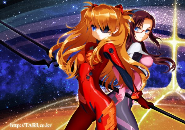 Anime picture 1250x884 with neon genesis evangelion rebuild of evangelion evangelion: 2.0 you can (not) advance evangelion: 3.0 you can (not) redo gainax soryu asuka langley shikinami asuka langley makinami mari illustrious tari long hair blue eyes brown hair multiple girls orange hair space girl weapon 2 girls glasses hairband