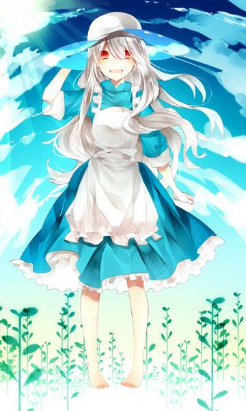 Anime picture 1000x1666 with kagerou project shaft (studio) mary (kagerou project) aoray single long hair tall image looking at viewer blush red eyes cloud (clouds) white hair barefoot girl dress hat