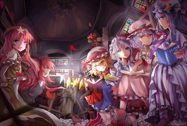 Anime picture 1000x675 with touhou flandre scarlet remilia scarlet izayoi sakuya patchouli knowledge hong meiling koakuma mimo (artist) long hair short hair blue eyes blonde hair red eyes purple eyes multiple girls pink hair white hair red hair braid (braids) maid