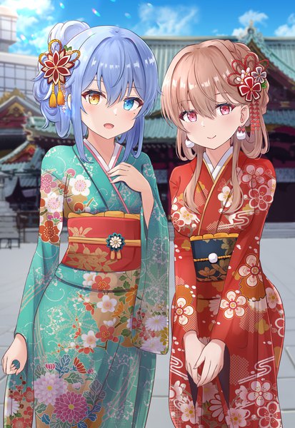 Anime picture 1200x1742 with virtual youtuber indie virtual youtuber suzuka minase asagi shiki hikkyou tall image looking at viewer short hair open mouth blue eyes smile brown hair multiple girls blue hair traditional clothes japanese clothes pink eyes orange eyes heterochromia floral print