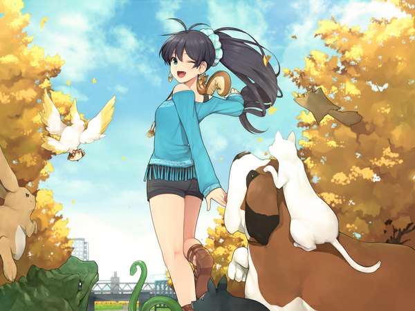 Anime picture 1000x750 with idolmaster ganaha hibiki hitoto single long hair open mouth blue eyes black hair bare shoulders sky cloud (clouds) ponytail one eye closed wink girl animal shorts bird (birds) cat bunny