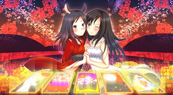 Anime picture 2000x1102 with summer wars madhouse shinohara natsuki nukunuku (hinataboltuko) blush highres blue eyes black hair wide image multiple girls animal ears traditional clothes japanese clothes one eye closed wink bunny ears holding hands girl dress 2 girls