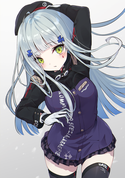 Anime picture 2100x3000 with girls frontline hk416 (girls frontline) diieru single long hair tall image looking at viewer blush fringe highres simple background standing green eyes silver hair ahoge blunt bangs long sleeves parted lips arm up zettai ryouiki