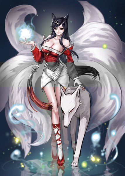 Anime picture 1000x1406 with league of legends ahri (league of legends) dockab (artist) single long hair tall image breasts open mouth light erotic black hair smile red eyes large breasts standing bare shoulders animal ears alternate costume magic reflection multiple tails