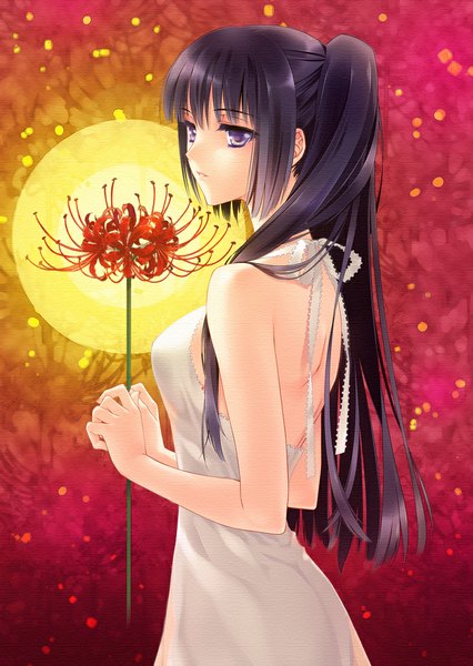 Anime picture 800x1126 with original carnelian single long hair tall image fringe breasts standing purple eyes bare shoulders holding looking away purple hair ponytail scan sleeveless back glow girl dress