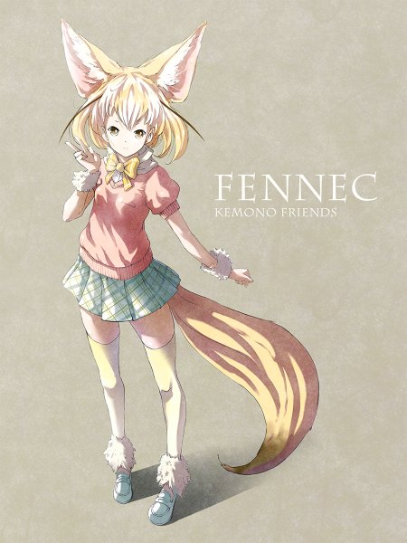 Anime picture 900x1200 with kemono friends fennec (kemono friends) satyuas single tall image looking at viewer short hair simple background blonde hair brown eyes animal ears full body tail animal tail pleated skirt zettai ryouiki puffy sleeves copyright name character names plaid skirt