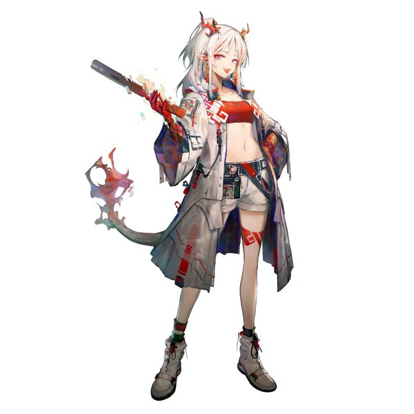Anime picture 1024x1024 with arknights nian (arknights) huanxiang heitu single long hair simple background standing white background purple eyes full body white hair tail multicolored hair horn (horns) pointy ears official art midriff streaked hair hand on hip dragon girl