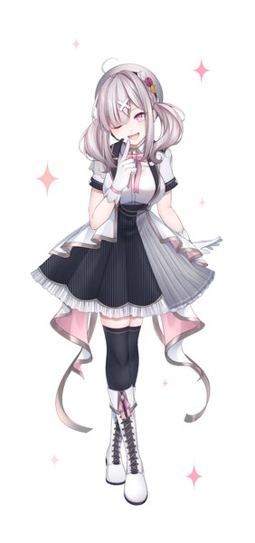 Anime picture 1024x2176 with virtual youtuber nijisanji sukoya kana nt xiki single long hair tall image looking at viewer open mouth simple background standing white background twintails full body ahoge one eye closed pink eyes grey hair finger to mouth ;d