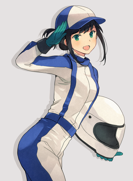 Anime picture 735x1000 with kantai collection fubuki destroyer kasumi (skchkko) single tall image looking at viewer blush fringe short hair open mouth black hair simple background smile holding green eyes payot long sleeves head tilt :d arm up