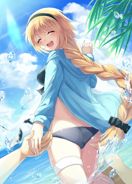 Anime picture 1295x1812 with fate (series) fate/grand order jeanne d'arc (fate) (all) jeanne d'arc (swimsuit archer) igayan tall image blush fringe open mouth light erotic blonde hair smile payot sky cloud (clouds) outdoors ass braid (braids) eyes closed long sleeves