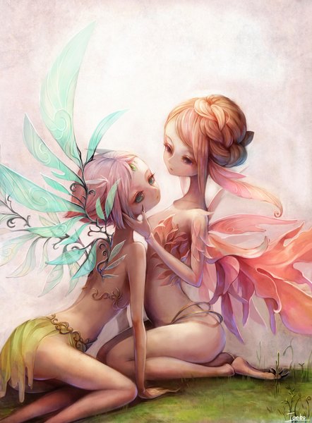 Anime picture 1500x2034 with original aka tonbo (lovetow) tall image looking at viewer short hair light erotic sitting multiple girls green eyes signed braid (braids) grey eyes fantasy head wings fairy girl 2 girls plant (plants) wings grass