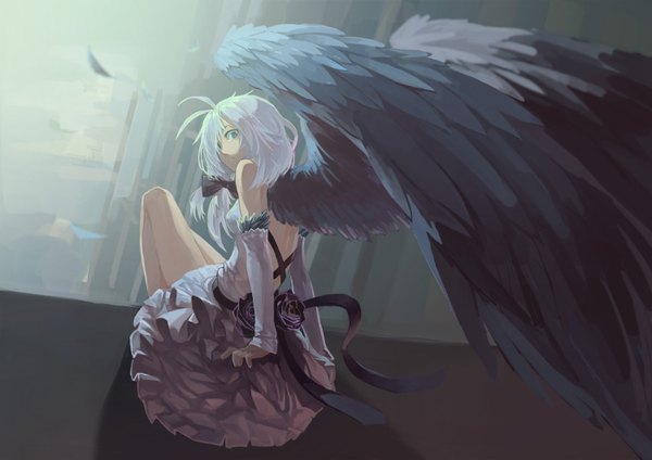 Anime picture 1500x1060 with original azomo single long hair looking at viewer sitting green eyes white hair looking back black wings girl flower (flowers) ribbon (ribbons) detached sleeves wings frills rose (roses) feather (feathers)