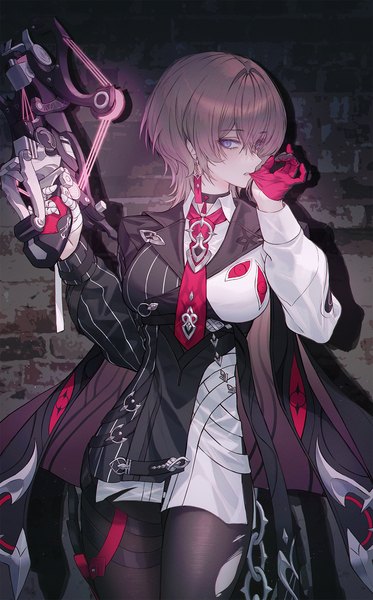 Anime picture 1173x1888 with honkai impact 3rd honkai (series) lantern (honkai impact) neon (pixiv 31150749) single tall image fringe short hair standing purple eyes holding looking away long sleeves arms up against wall asymmetrical clothes glove biting girl gloves weapon