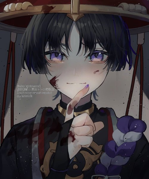 Anime picture 853x1024 with genshin impact scaramouche (genshin impact) kyomkyom11750 single tall image looking at viewer short hair black hair purple eyes upper body nail polish portrait blood on face bloody clothes purple nail polish boy hat blood bridal gauntlets